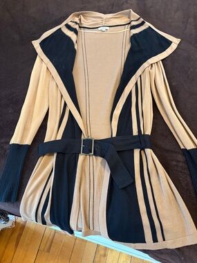 Cache Two-Tone Camel and Black Belted Cardigan Sweater